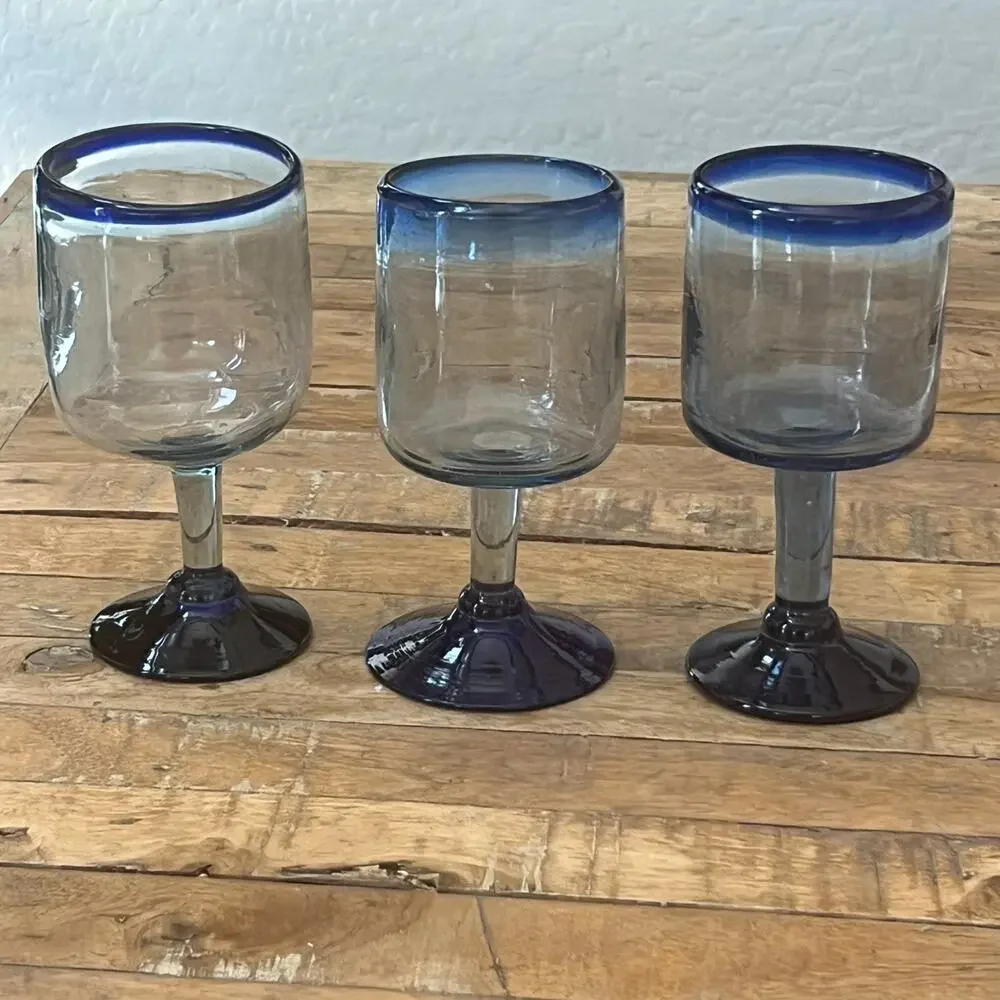 Mexican Hand Blown Goblets Drinking Glasses Cobalt Blue Rim Set of 5